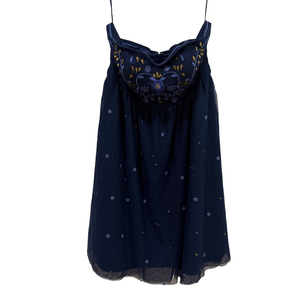 ModCloth Navy Blue Embroidered Floral Tulle Babydoll Dress XL Sweetheart Neck